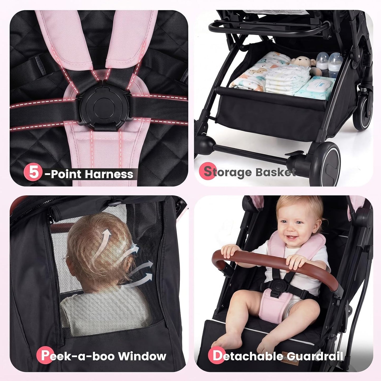 INFANS Travel Stroller, Lightweight Compact Baby Stroller for Airplane with One-Hand Fold, Multi-Position Recline, Canopy, 4 Wheel Suspension, Storage Basket (Grey+Black)