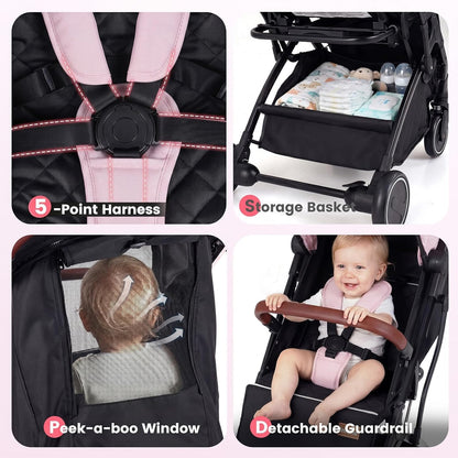 INFANS Travel Stroller, Lightweight Compact Baby Stroller for Airplane with One-Hand Fold, Multi-Position Recline, Canopy, 4 Wheel Suspension, Storage Basket (Grey+Black)