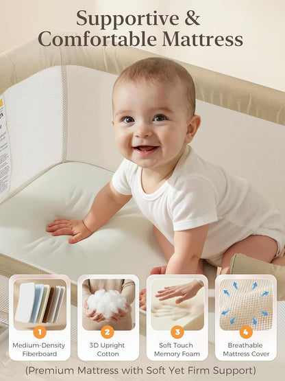 ONTHEWEI Baby Bassinet Bedside Sleeper 3-in-1, Easy Night Feeding with One-Side Fold & Rolling Wheels, Breathable Mesh, 6-Height Adjustable, Soft Mattress for Newborns