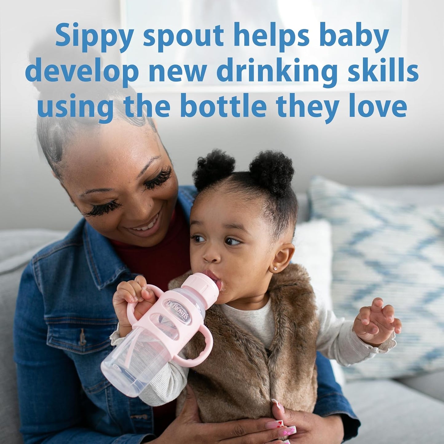 Dr. Brown's Milestones Narrow Sippy Spout Bottle with 100% Silicone, Easy-Grip Handles and Soft Sippy Spout, 8oz/250mL, Light Pink and Ecru, 2-Pack, 6m+