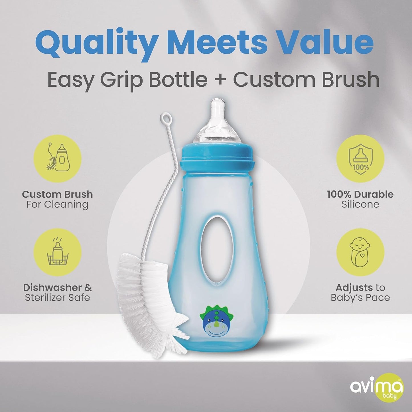 Avima Easy Grip Anti Colic Baby Bottles, BPA Free, 8 oz. Wide Neck w/Medium Flow Silicone Nipples & Bottle Brush Pink Set (Pack of 3)