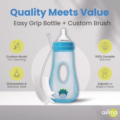 Avima Easy Grip Anti Colic Baby Bottles, BPA Free, 8 oz. Wide Neck w/Medium Flow Silicone Nipples & Bottle Brush Pink Set (Pack of 3)
