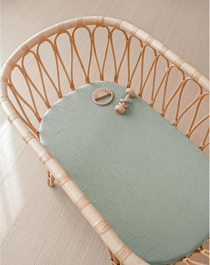 Konssy Muslin Fitted Bassinet Sheets 2 Pack for Baby Girl Boy, Soft Bedside Sleeper Bassinet Sheets Fit for Baby Bassinets, Moses Basket Oval Rectangle Pad/Mattress