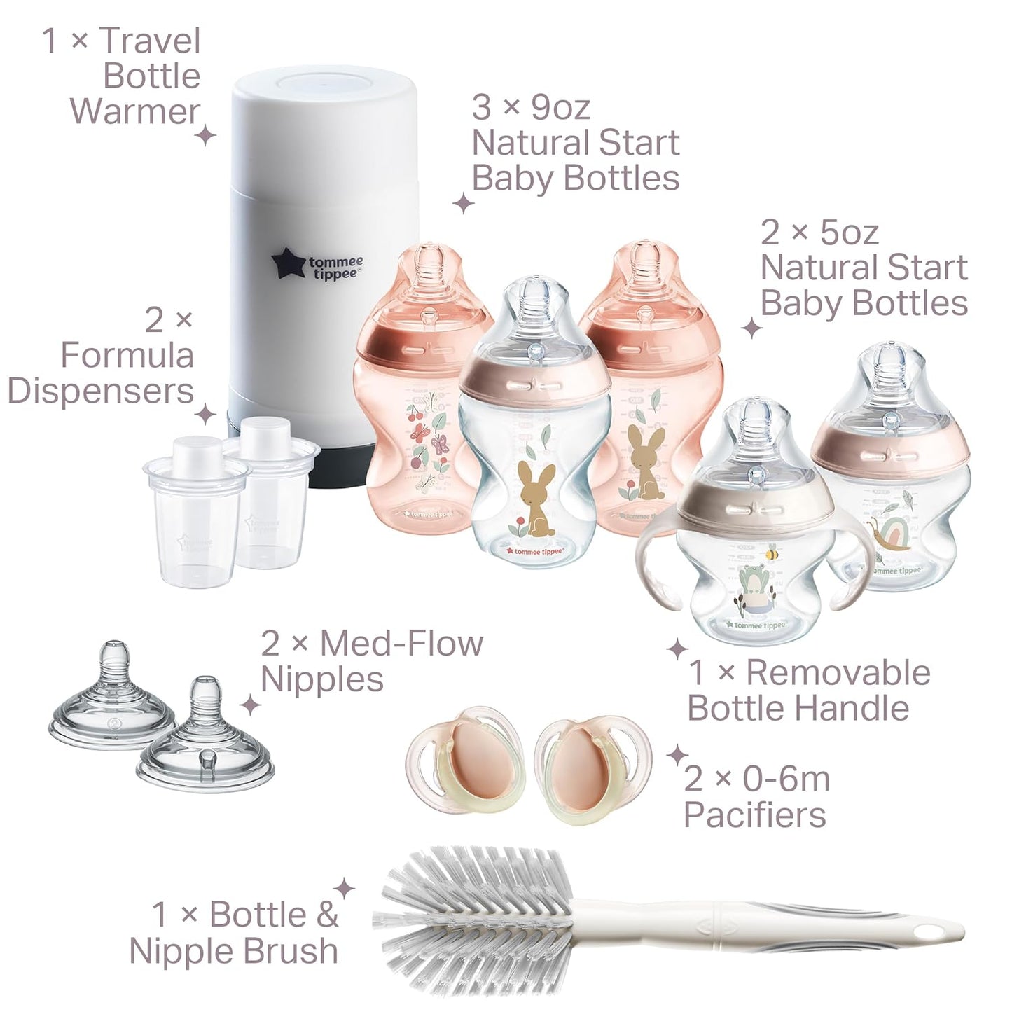 Tommee Tippee Natural Start 12 Piece BPA Free Bottle Set, Includes 2 x 5 oz, 3 x 9 oz, 1 x 11 oz Bottles, Newborn 0+ Months, Slow, Medium & Thicker Flow Breast-Like Nipples, Cleaning Brush, Clear