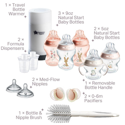 Tommee Tippee Natural Start 12 Piece BPA Free Bottle Set, Includes 2 x 5 oz, 3 x 9 oz, 1 x 11 oz Bottles, Newborn 0+ Months, Slow, Medium & Thicker Flow Breast-Like Nipples, Cleaning Brush, Clear