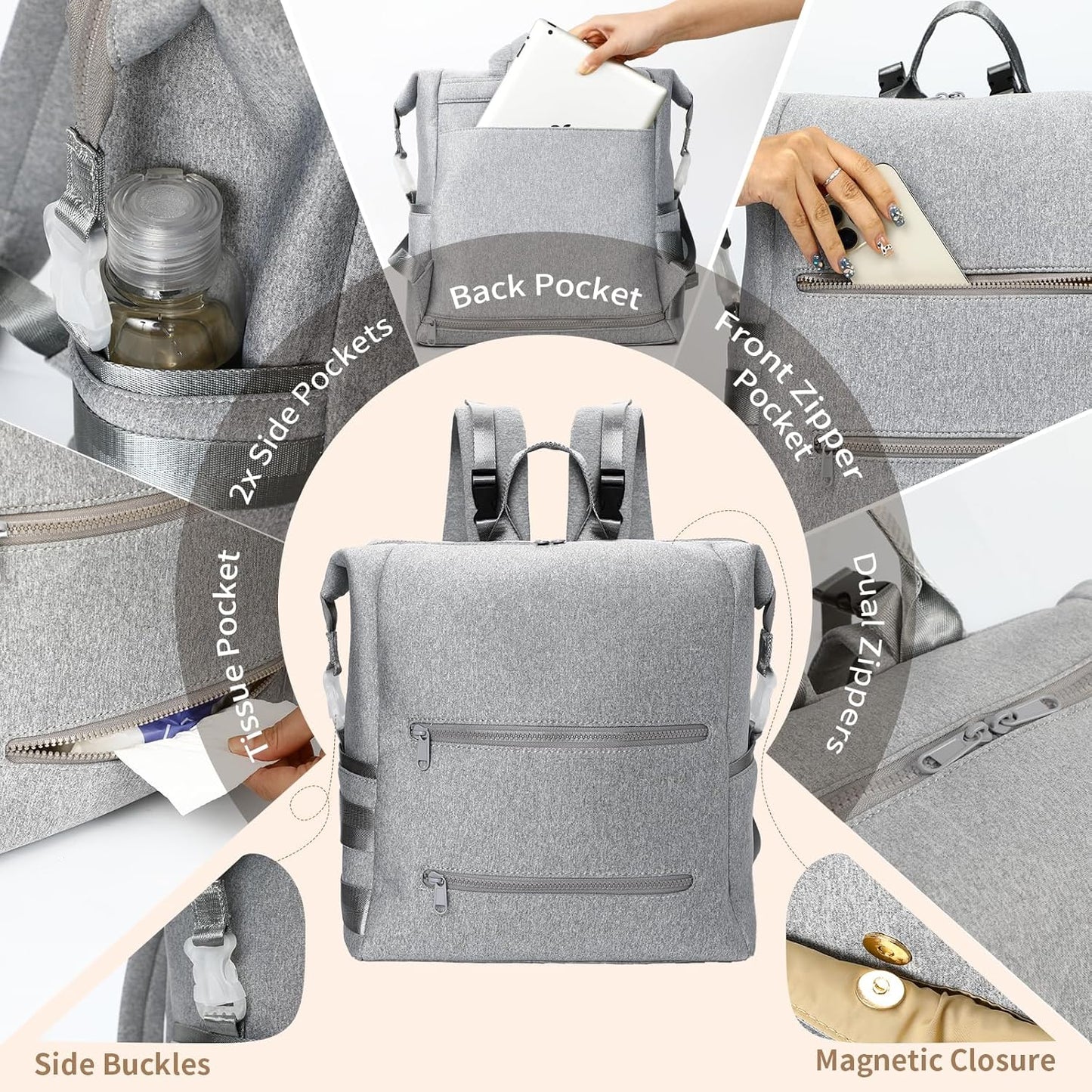 Omanmoli Diaper Bag Backpack,Large Neoprene Baby Bag for Boys Girls with 15 Diaper Bag Organizer,2 Insulated Pockets,Changing Pad,Stroller Straps,Gray