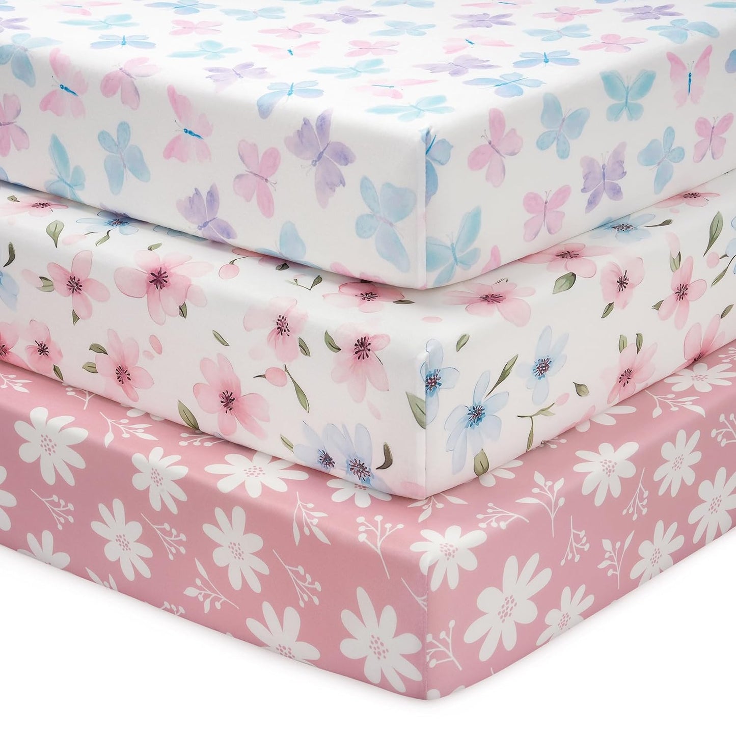 Baby Mini Crib Sheets Girl, Portable 38”x26” Pack and Play Sheets Fitted for Playard and Pack N Play Mattress, 3-Pack Soft Microfiber Pink Rainbow