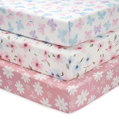 Baby Mini Crib Sheets Girl, Portable 38”x26” Pack and Play Sheets Fitted for Playard and Pack N Play Mattress, 3-Pack Soft Microfiber Pink Rainbow