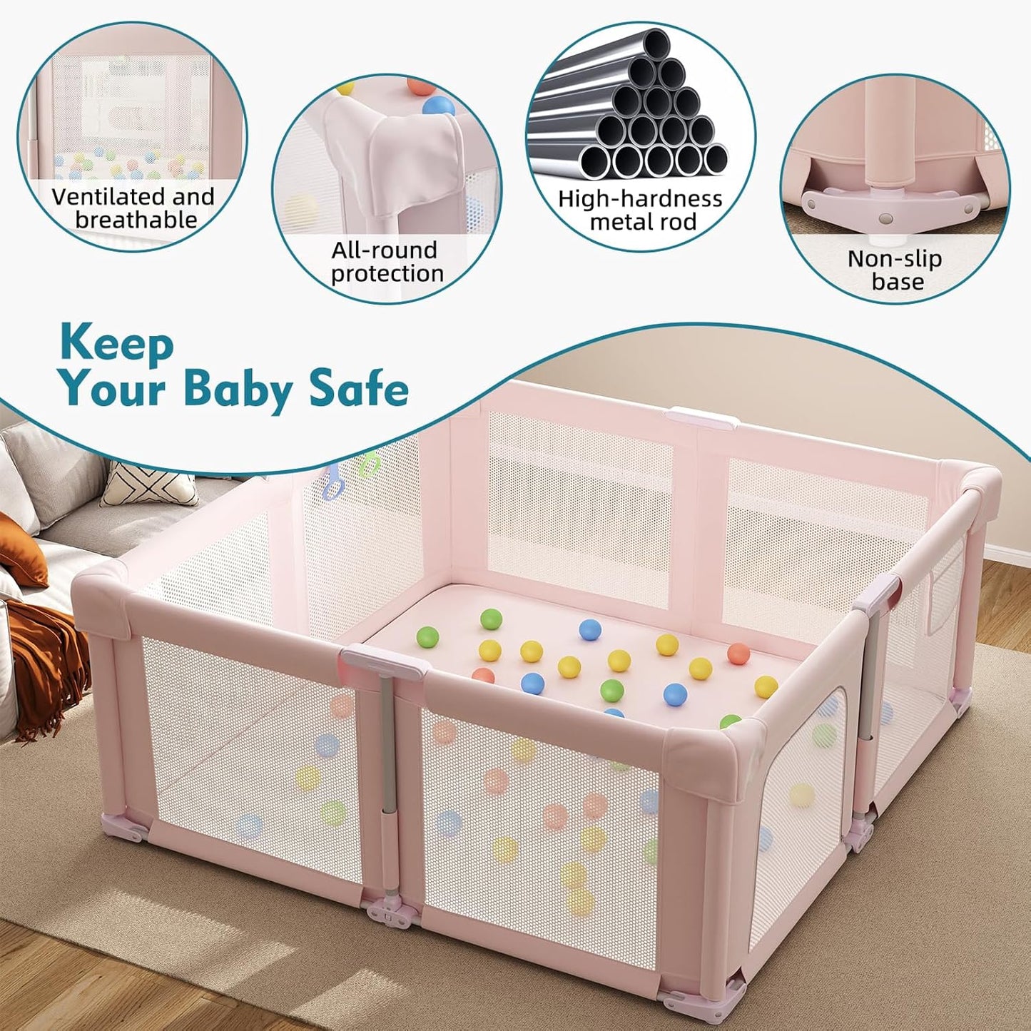 Foldable Playpen for Babies and Toddlers, 51" Portable Play Pen with Mat and Ocean Balls, Play Yard with with Visible Mesh for Inddor and Outdoor, No Assembly Required, Dark Gray