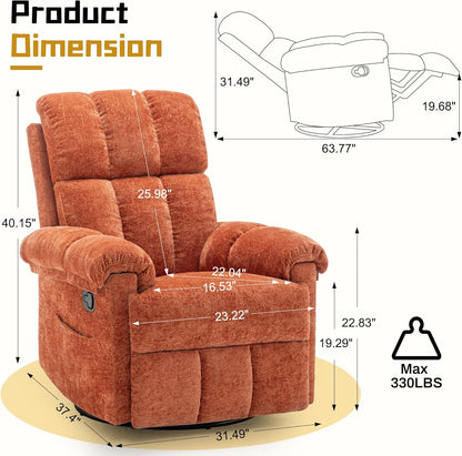 Korser Recliner Chair, Swivel Rocker Recliner Chair for Adults, Small Recliners for Small Spaces, Upholstered Manual Recliner with Side Pockets, Nursery Rocking Chair for Living Room, Chenille, Beige