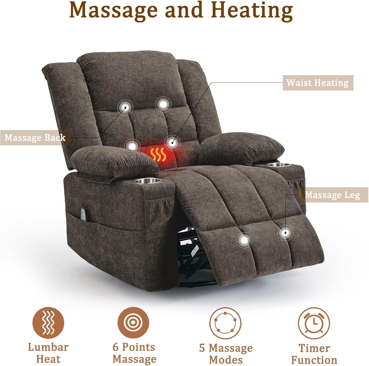 Korser 360° Swivel Rocker Recliner for Adults, Nursery Glider Recliner with Massage and Heating, Rocking Chair with Cup Holder, Manual Recliner Chair for Living Room, Bedroom (Fabric, Beige)