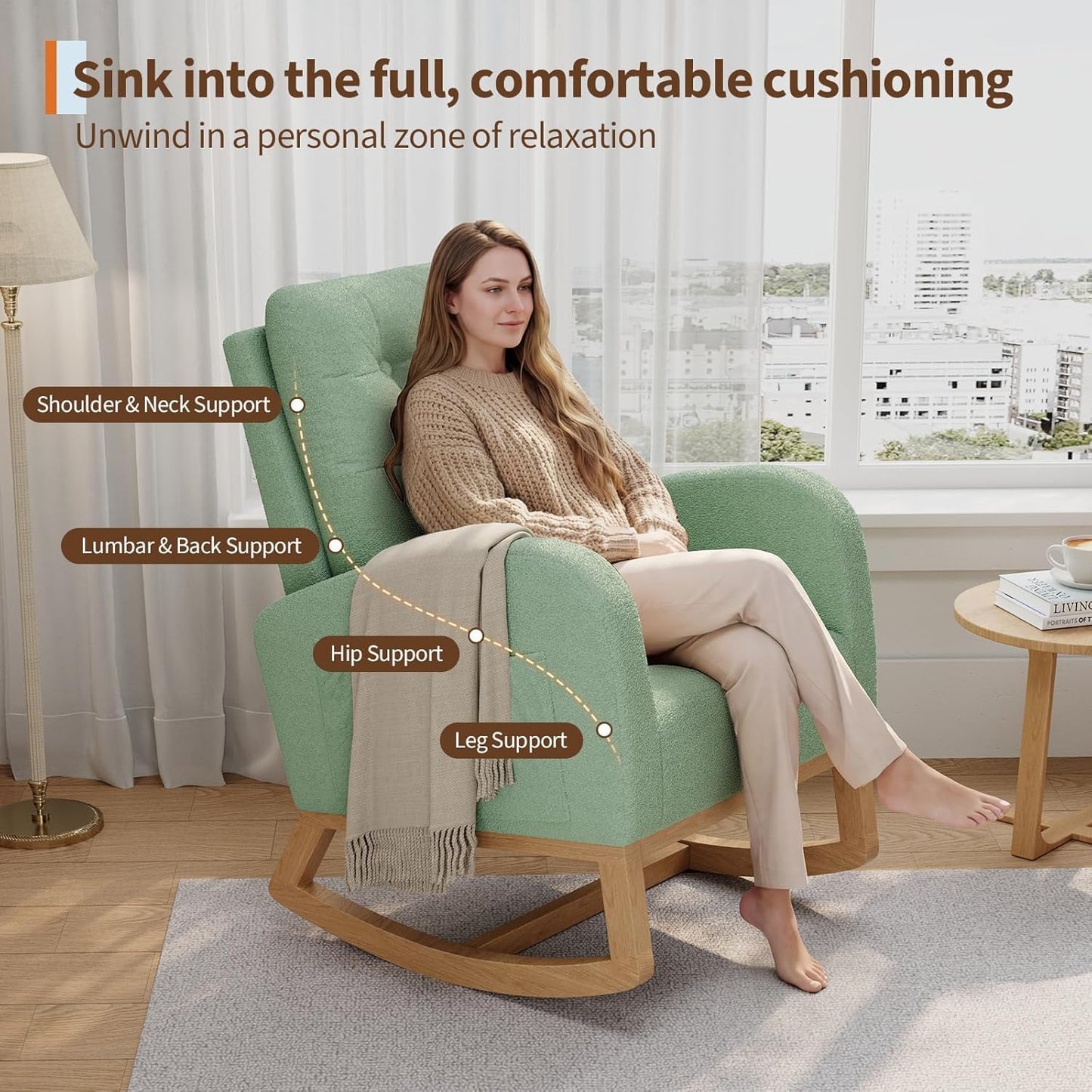 Modern Rocking Chair for Living Room, Comfortable Recliner Rocker with Side Pocket, Soft Linen Upholstered Glider Chair for Bedroom, Nursery, Lounge-Grey