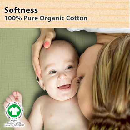 3-Pack Bedside Sleeper Bassinet Sheets | GOTS Certified Organic 100% Muslin Cotton | Ultra Soft & Breathable | 33×20×4” Fitted Sheets | Universal Fit 29–33” x 17–21” Pads