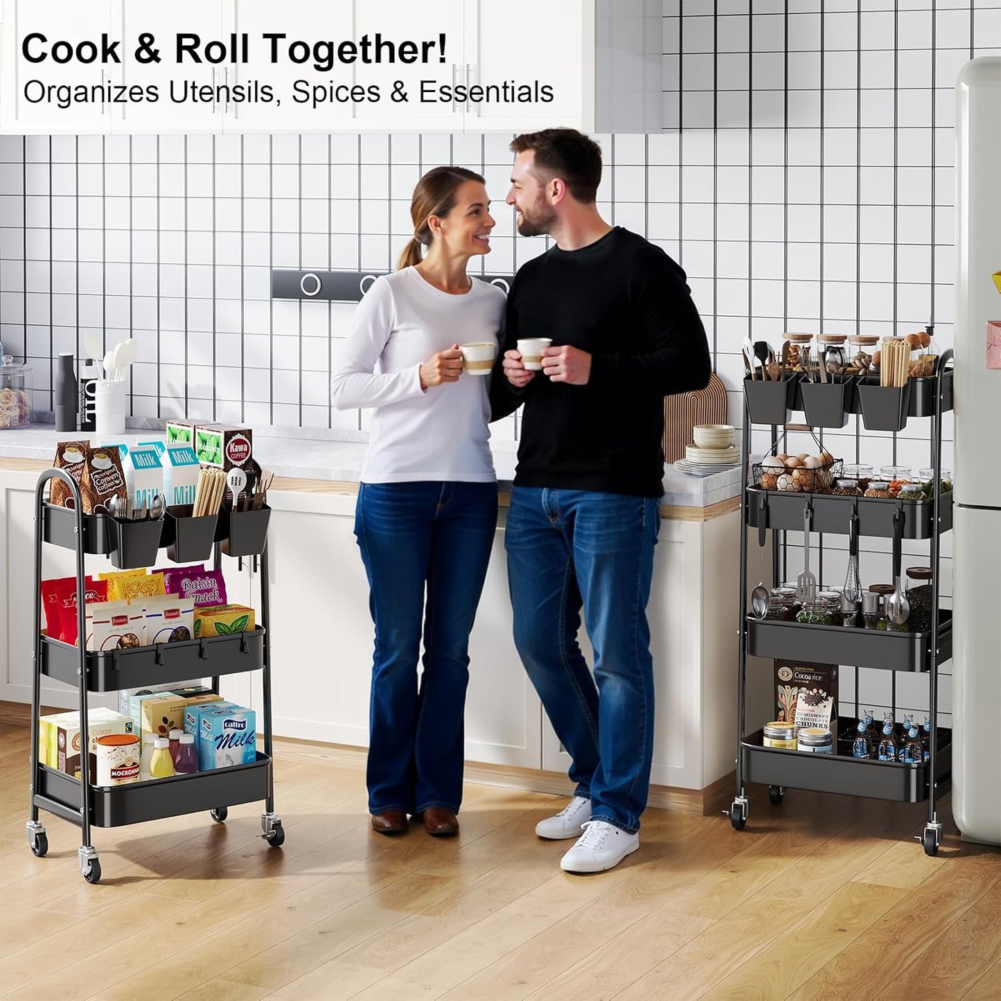 3 Tier Heavy Duty White Metal Rolling Cart with Lockable Wheels, Three Tier Roller Book Snack Cart, Utility Storage Organizer Carts for Kitchen, Bathroom, Garage, Baby Diaper, Craft, Art, Teacher
