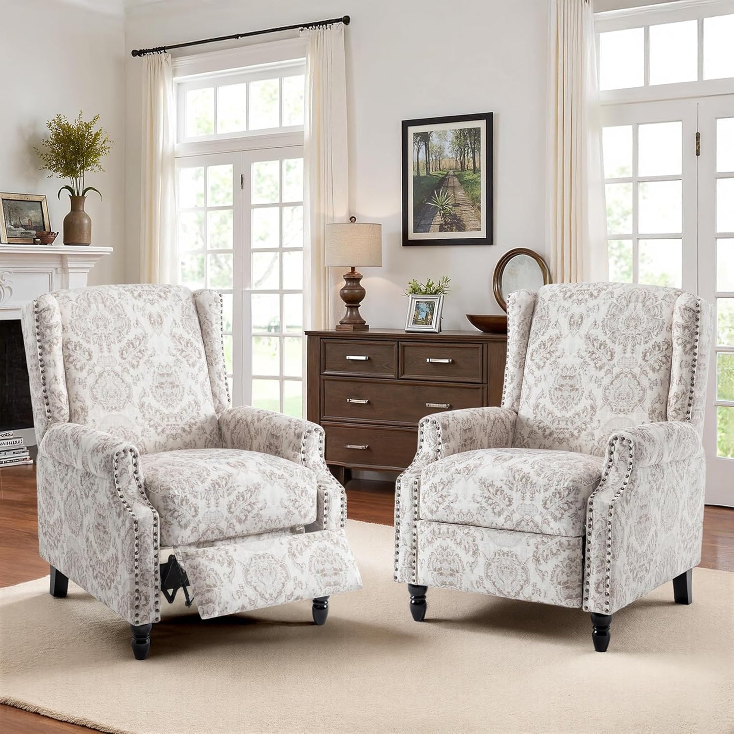 Swivel Rocker Recliner Chair, Manual Nursery Glider Recliner, Floral Fabric Wingback Accent Chair with Adjustable Backrest & Footrest for Small Spaces Living Room Bedroom (Plants Floral, Set of 1)