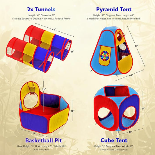 Playz 5pc Kids' Play Tents & Tunnels - Ball Pit for Toddlers, Basketball Hoop, Crawling Tubes, Pop-Up Playhouses, Baby Obstacle Course for Indoor or Outdoor Use