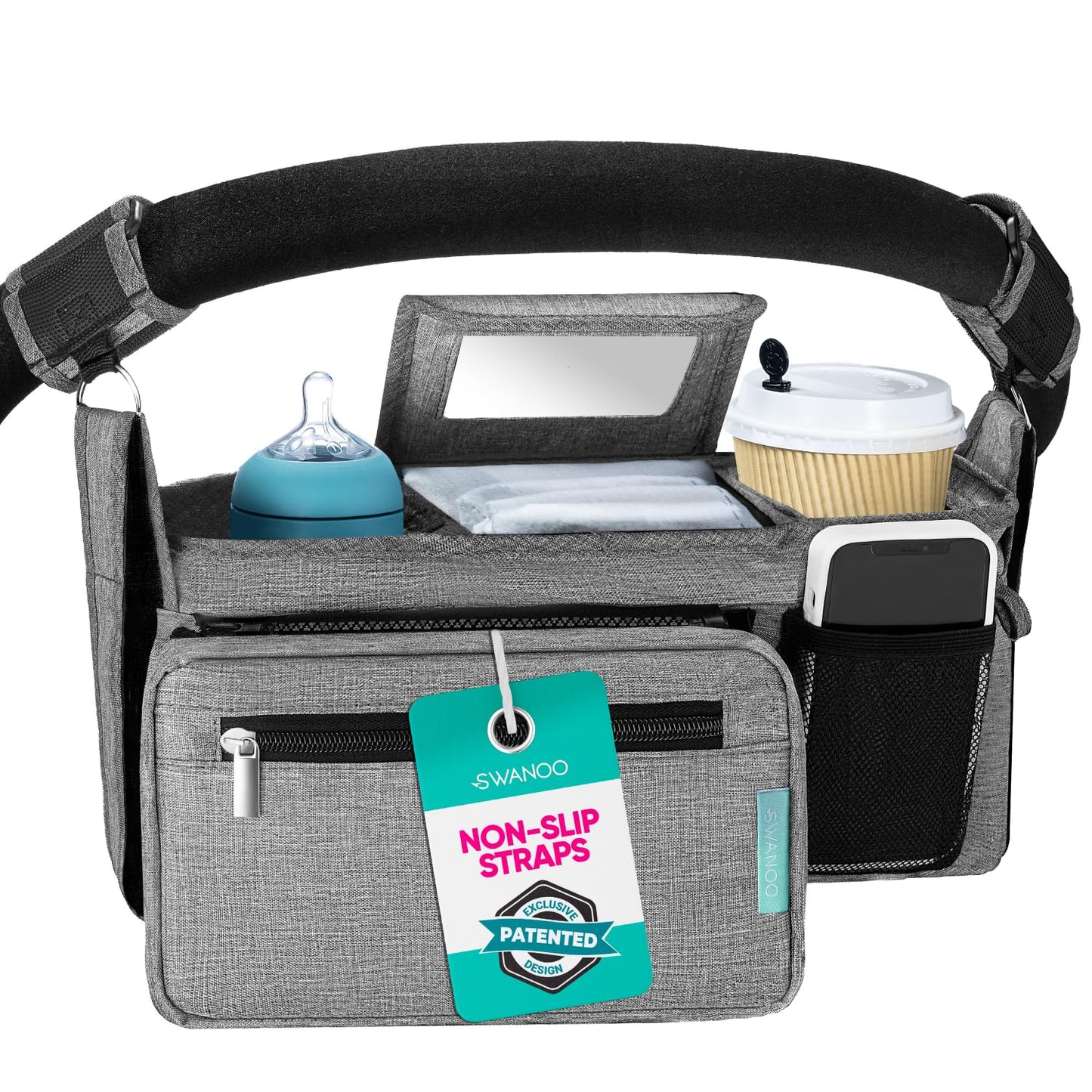 Swanoo Stroller Caddy Organizer With Cup Holder, Non Slip Straps Bag for Phone, Pet Stroller Accessories, Universal Fits Uppababby Vista v2 Wonderfold Wagon, Doona and More