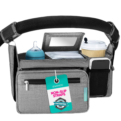 Swanoo Stroller Caddy Organizer With Cup Holder, Non Slip Straps Bag for Phone, Pet Stroller Accessories, Universal Fits Uppababby Vista v2 Wonderfold Wagon, Doona and More