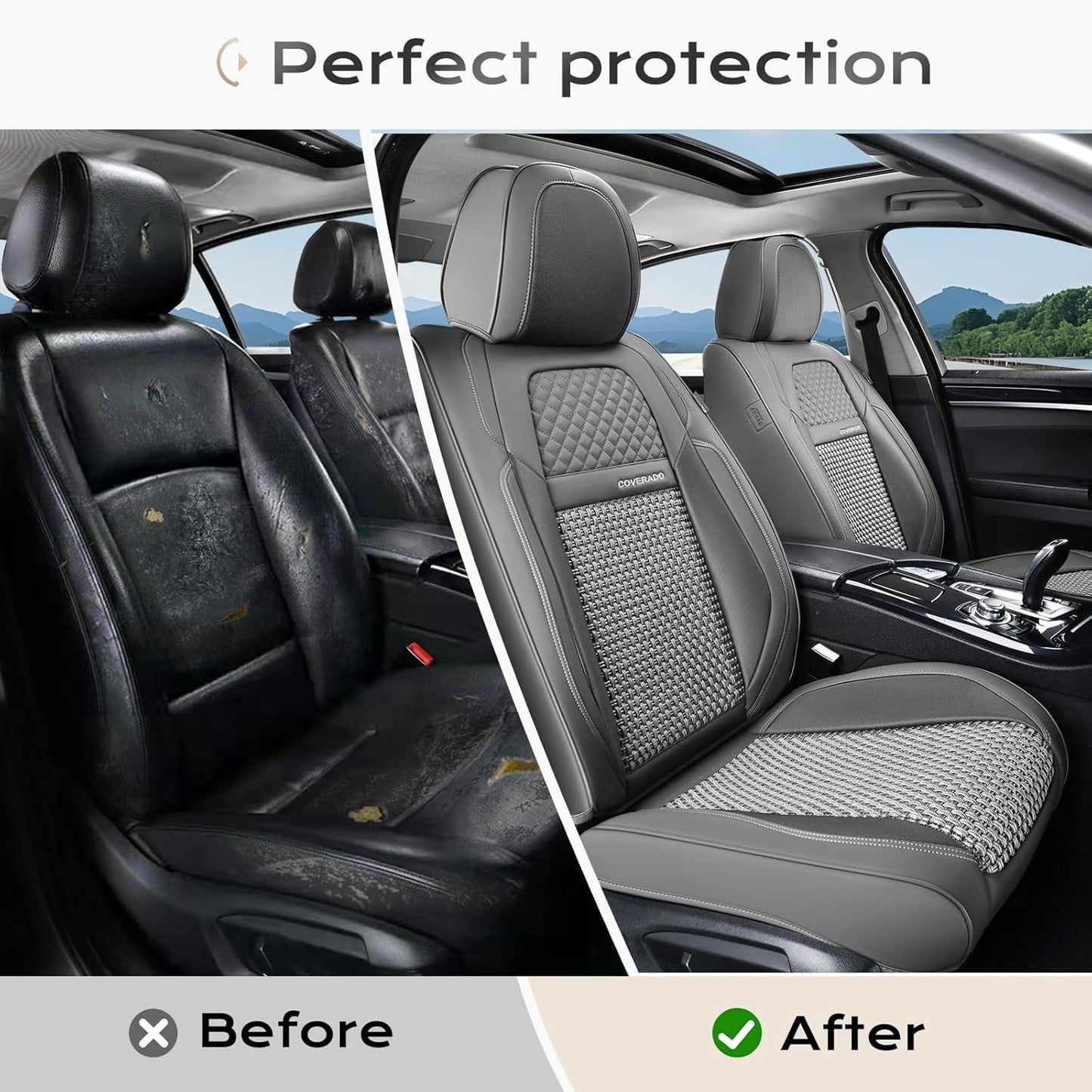Coverado Leather Seat Covers for Car, Waterproof Car Seat Covers Full Set, 2 in 1 Conversions Car Seat Cover Protector Car Accessories Universal Fit for Most Cars SUVs and Trucks Beige