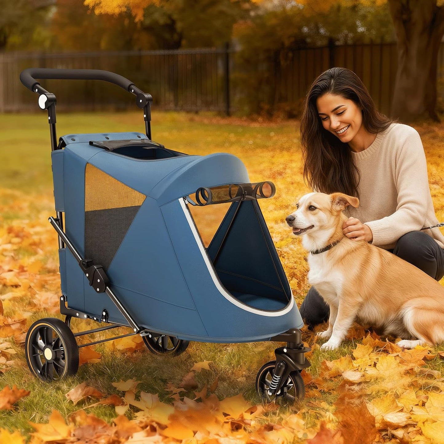 Magshion Compact Pet Stroller for Small-Medium Dogs/Cats up to 22lbs, 4-Wheel Lightweight Umbrella Shaped Portable Puppy Travel Jogger with Breathable Mesh, Cup Holder & Rear Storage, Black