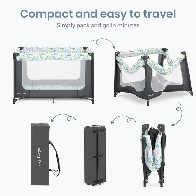 Dream On Me Zodiak Baby Playard, Breathable Mesh Sides, Soft Comfortable Mattress, Quick & Easy to Fold with Travel Carry Bag, Compact Space Saving Design - Grey/Green