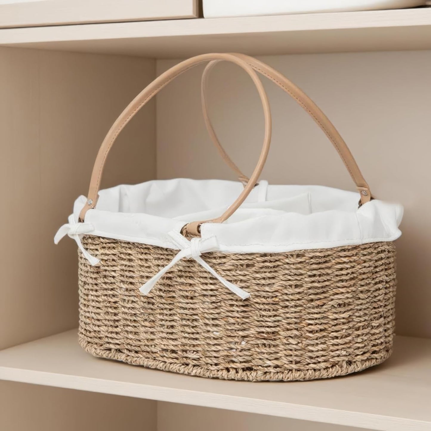 Handwoven Wicker Diaper Caddy Organizer, Multi - functional Baby Diaper Bag for Nursery & Home Storage, Detachable Lining, PU Handles, Baby Registry Must Haves (Wicker)