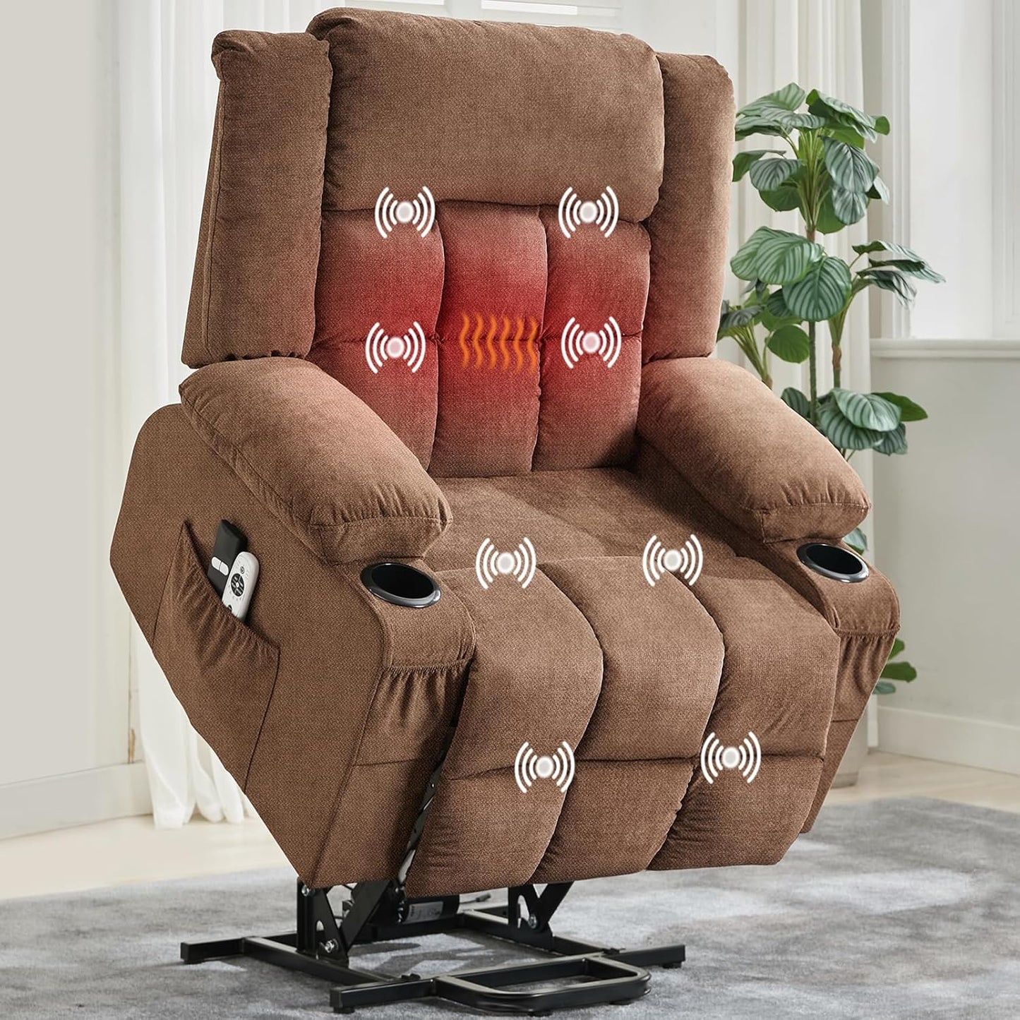 Rocking Recliner Chair for Adults Wide 360° Swivel Rocker Recliner with Cup Holder Nursery Glider with Upholstered Deep Seat Linen Lazy boy Chair for Living Room Browm