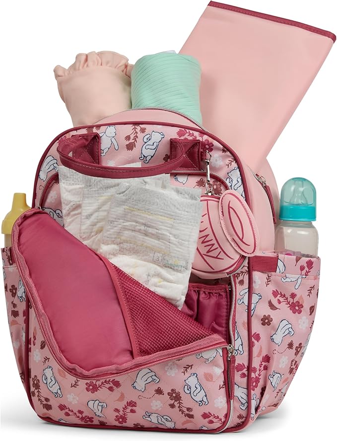 Disney Diaper Bag Backpack with Changing Pad Winnie the Pooh – 16” Nylon Baby Bag for Parents, Insulated Bottle Holders, Multiple Storage Pockets