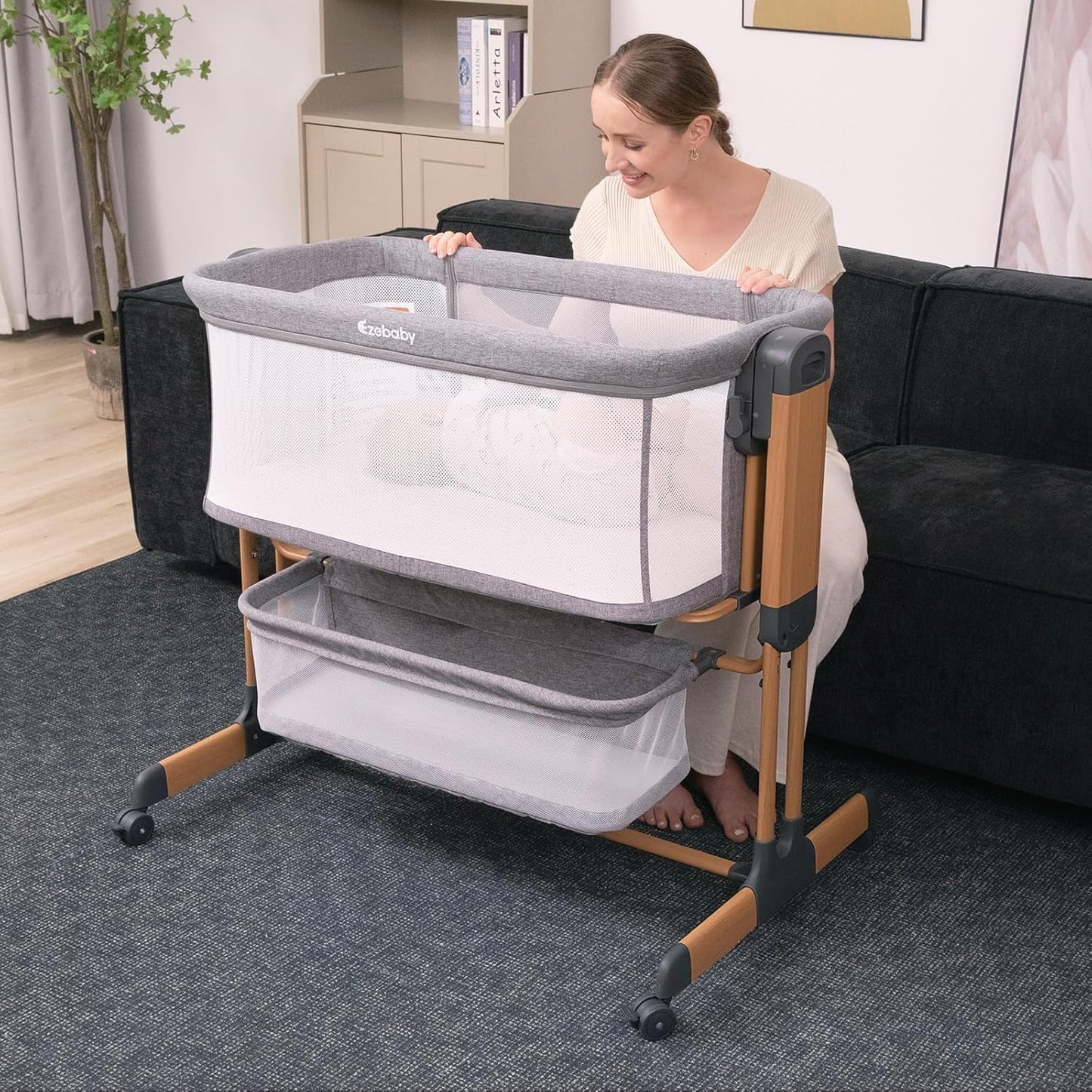 Ezebaby 3-in-1 Baby Bassinet, Rocking Baby Bassinets Bedside Sleeper, Adjustable Portable Crib for Newborn Infant with Wheels Storage Basket and Mesh Sides