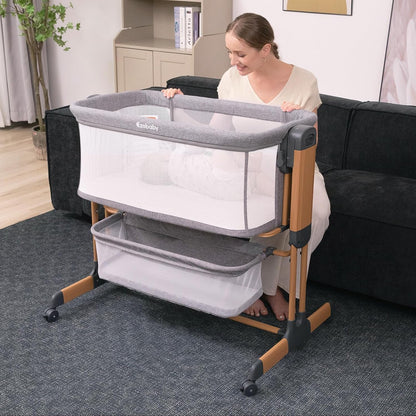 Ezebaby 3-in-1 Baby Bassinet, Rocking Baby Bassinets Bedside Sleeper, Adjustable Portable Crib for Newborn Infant with Wheels Storage Basket and Mesh Sides