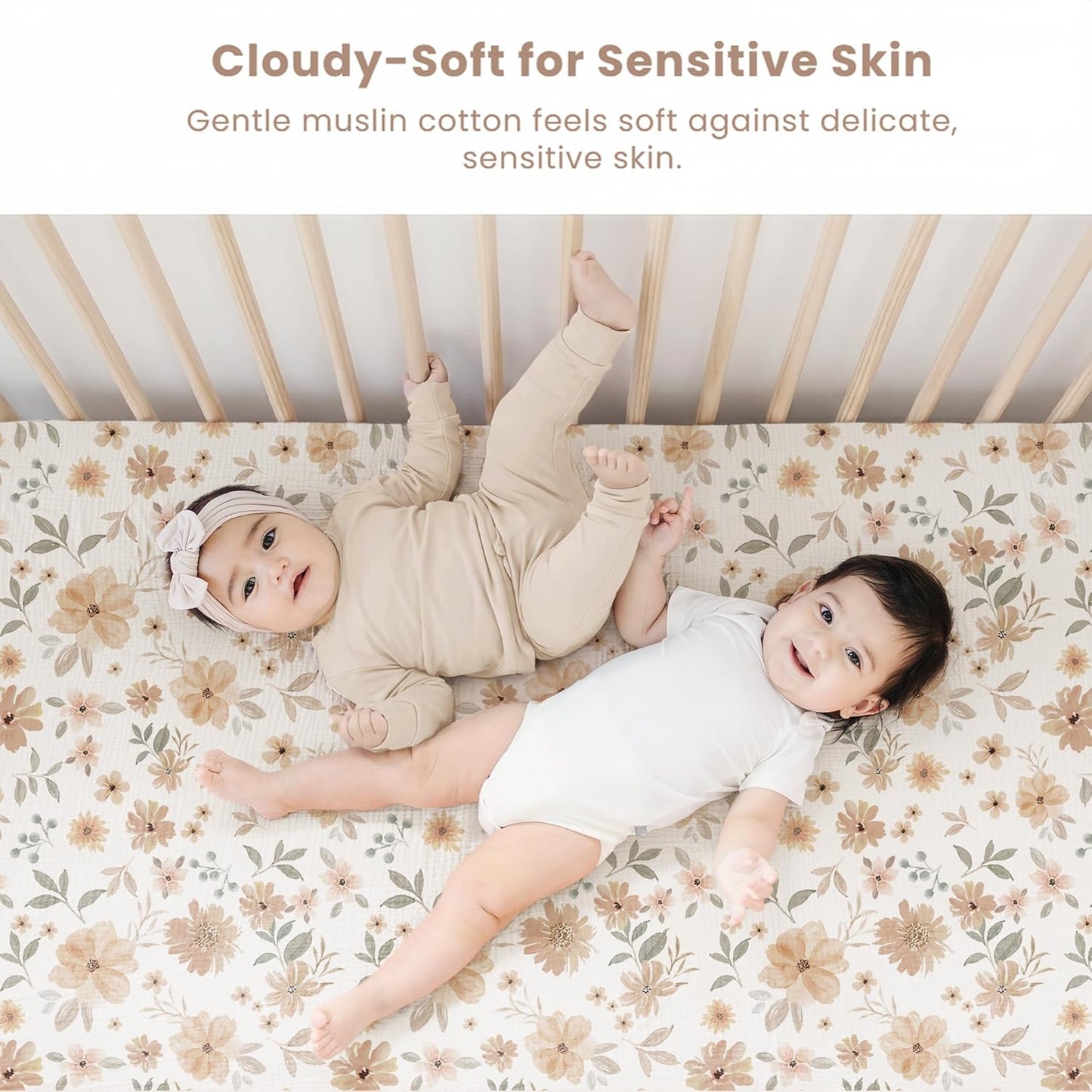 Konssy Muslin Mini Crib Sheets, 100% Soft Cotton Pack and Play Sheets for Pack N Play Mattress, Playard Baby Crib Sheets for Baby Girls (Floral, Pink)