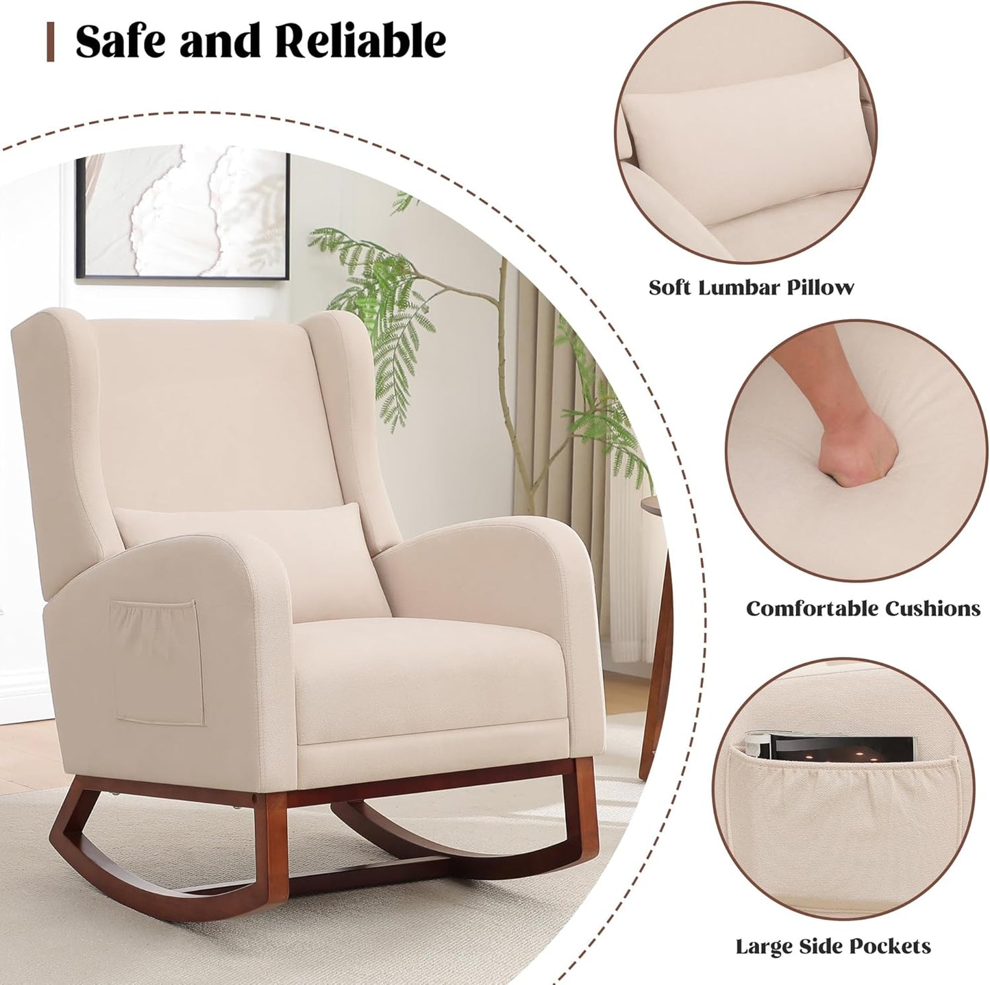 HCHAIRH Rocking Chair Nursery, Nursery Rocking Chairs with Foot Rest, Comfy Fabric Glider Rocker Nursing Chair with High Back for Nursing, Living Room, Bedroom, Beige