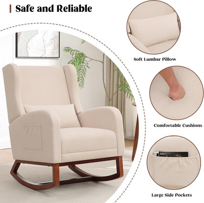 HCHAIRH Rocking Chair Nursery, Nursery Rocking Chairs with Foot Rest, Comfy Fabric Glider Rocker Nursing Chair with High Back for Nursing, Living Room, Bedroom, Beige