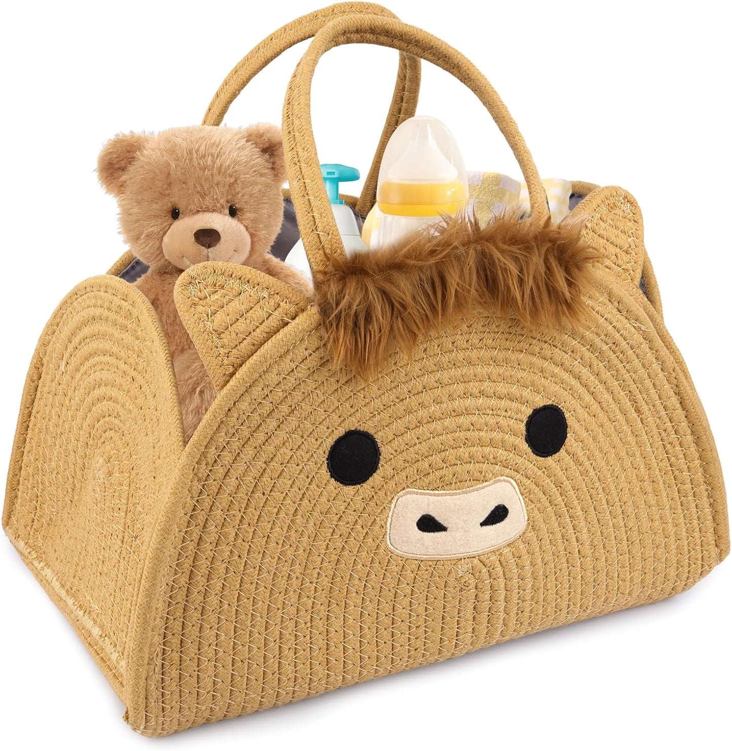 Highland Cute Cow Baby Diaper Caddy Organizer, Woven Cotton Rope Basket for Nursery, Portable Diaper Caddy Empty Gift Basket, Baby Wipes Shower Towels Storage Bins for Newborn Essentials