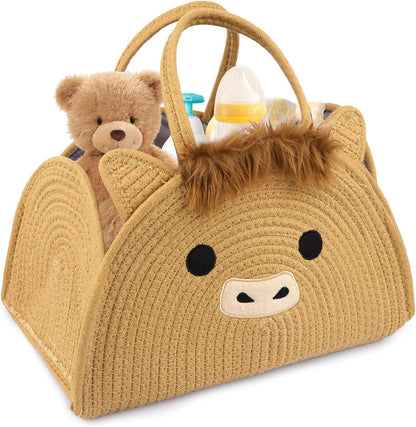 Highland Cute Cow Baby Diaper Caddy Organizer, Woven Cotton Rope Basket for Nursery, Portable Diaper Caddy Empty Gift Basket, Baby Wipes Shower Towels Storage Bins for Newborn Essentials