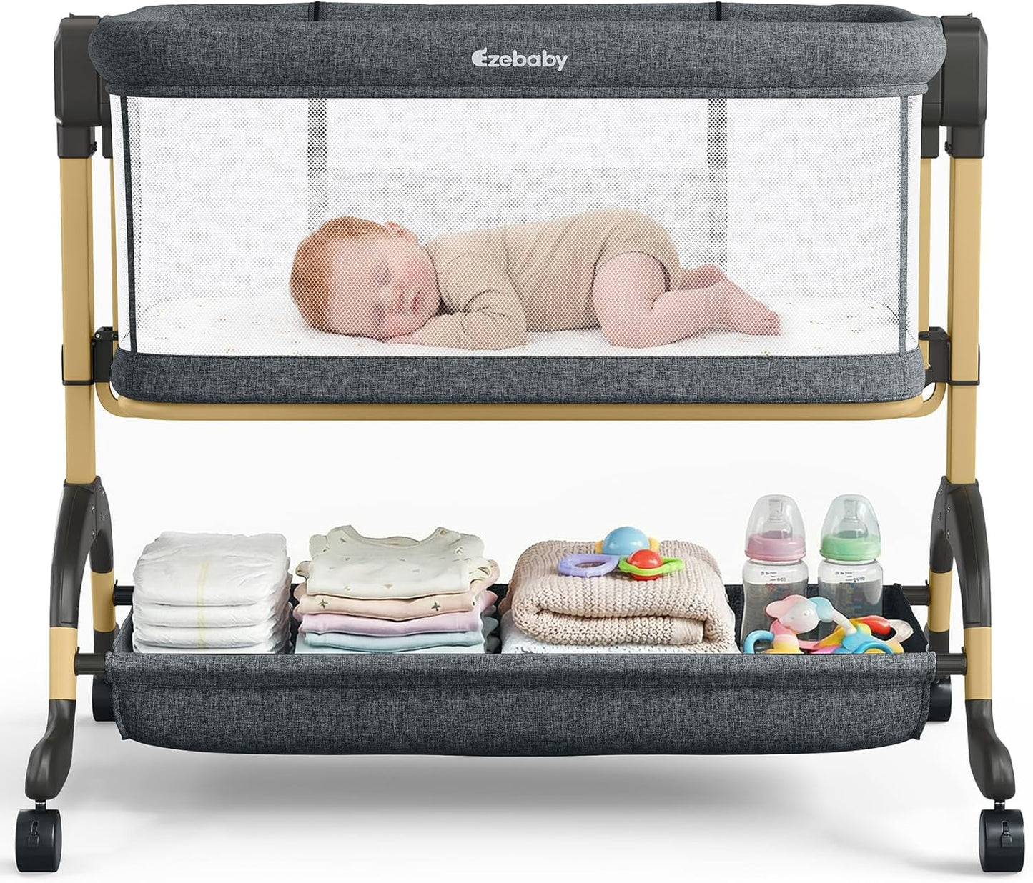 Ezebaby 3 in 1 Baby Bassinet Bedside Sleeper, Rocking Bassinet for Baby with Comfy Mattress & Breathable Full Mesh Sides, 7 Height Adjustable | Portable Crib for Newborns with Lockable Wheels