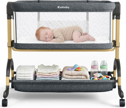 Ezebaby 3 in 1 Baby Bassinet Bedside Sleeper, Rocking Bassinet for Baby with Comfy Mattress & Breathable Full Mesh Sides, 7 Height Adjustable | Portable Crib for Newborns with Lockable Wheels