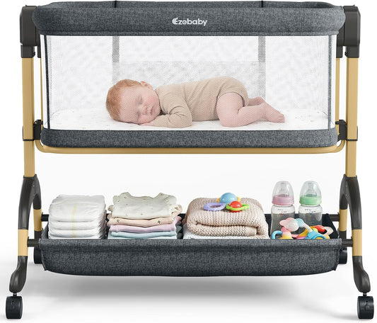 Ezebaby 3 in 1 Baby Bassinet Bedside Sleeper, Rocking Bassinet for Baby with Comfy Mattress & Breathable Full Mesh Sides, 7 Height Adjustable | Portable Crib for Newborns with Lockable Wheels