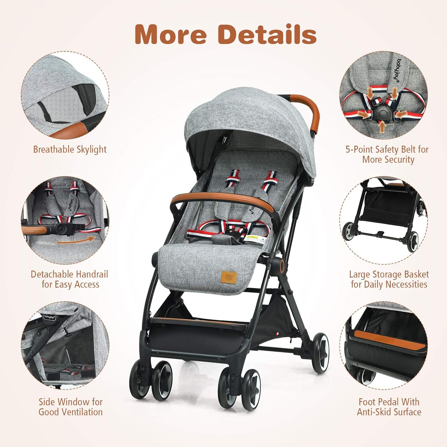 BABY JOY Lightweight Baby Stroller, Compact Toddler Travel Stroller for Airplane, Infant Stroller w/ 5-Point Harness, Adjustable Backrest/Footrest/Canopy, Storage Basket, Easy One-Hand Fold, Beige