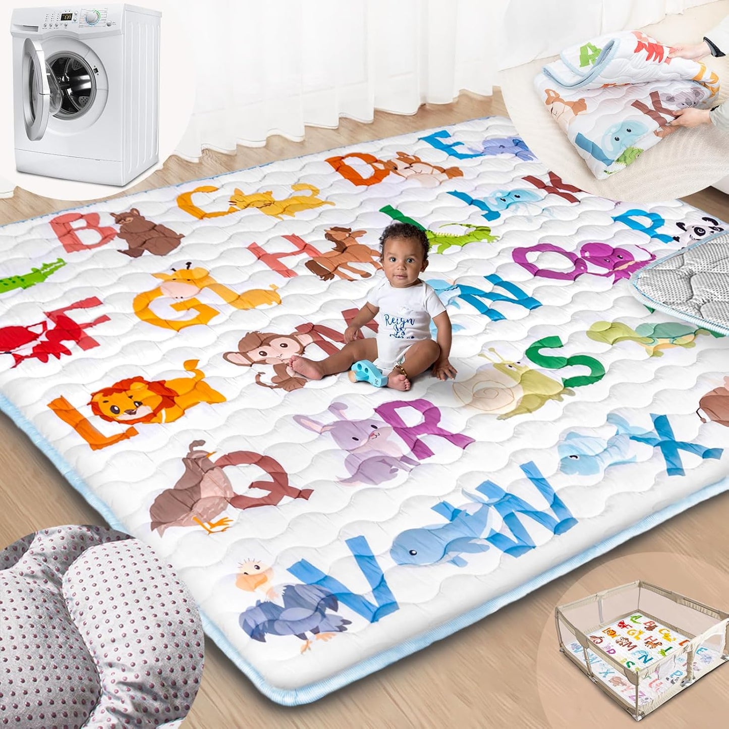 Baby Play Mat, 50x50 Playpen Mat with Super Soft Touch, Activity Mats with Upgraded Anti-Slip Bottom, Machine Washable Crawling Mats for Floor & Picnic (Animal Alphabets)