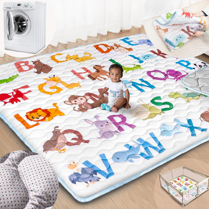 Baby Play Mat, 50x50 Playpen Mat with Super Soft Touch, Activity Mats with Upgraded Anti-Slip Bottom, Machine Washable Crawling Mats for Floor & Picnic (Animal Alphabets)