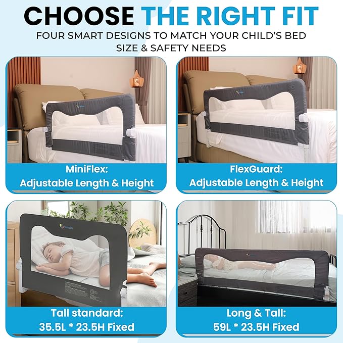 TotCraft Flexguard Adjustable Length & Height Bed Rail for Toddlers – Fits Twin, Full, Queen & King Beds – 35.5″ or 59″ Two Fixed Lengths – 14 Height Levels – ASTM Certified Bed Rail for Baby (Grey)