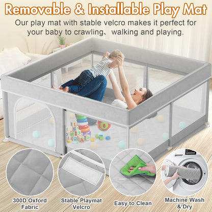 Omzer Baby Playpen with Mat 71"×59" - Extra Large Playpen for Babies and Toddlers with Mat Included, Safety Playard for Baby with Gate, All-Wrapped Soft Sponge Baby Gate Playpen with Stable Mat Velcro
