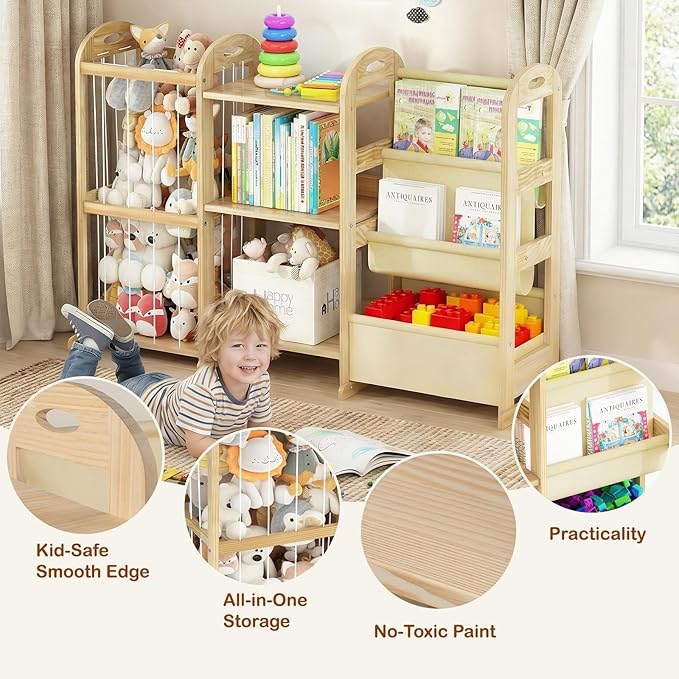 Kids Bookshelf and Toy Storage Organizer, 3-Tier Book Shelf with Stuffed Animal Storage, Kids Toy Book Storage for Bedroom Playroom, Wooden Toy Organizer with 3 Shelves, 49.4" W