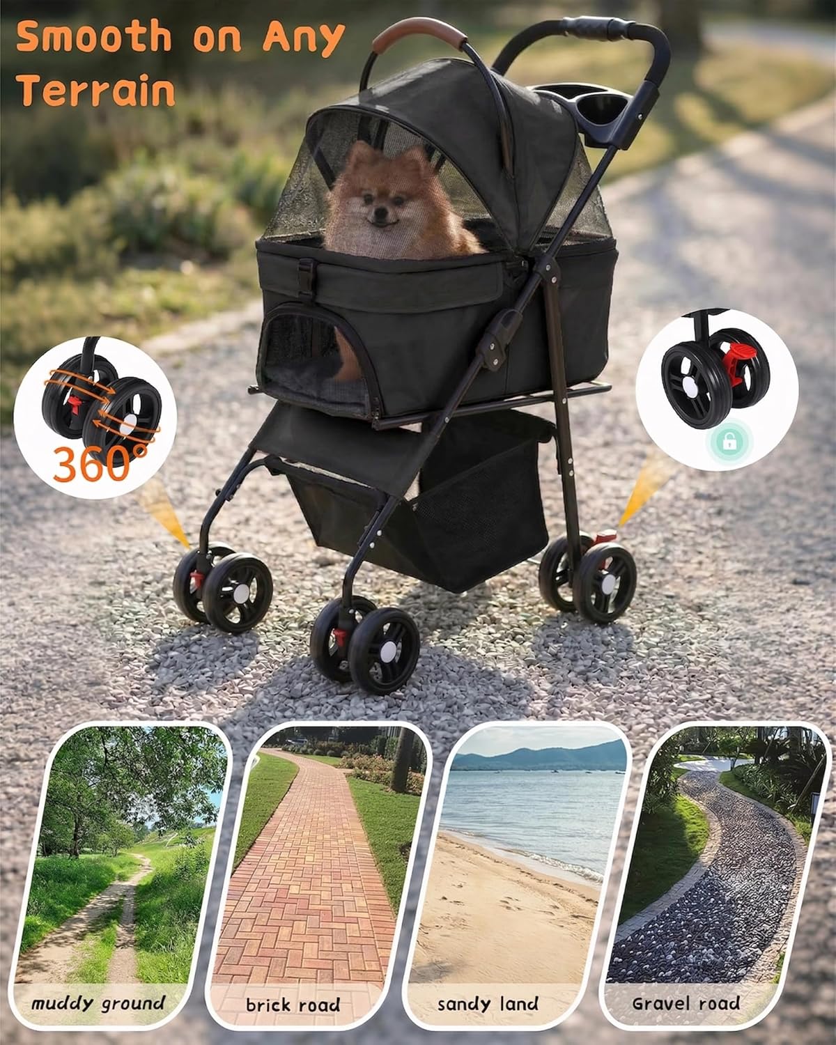 Pet Stroller with Removable Carrier, 35lbs Capacity - One-Click Foldable Dog Stroller, Cat Carrier & All-Terrain Wheels, Compact Travel Pet Stroller for Small to Medium Pets-Gray