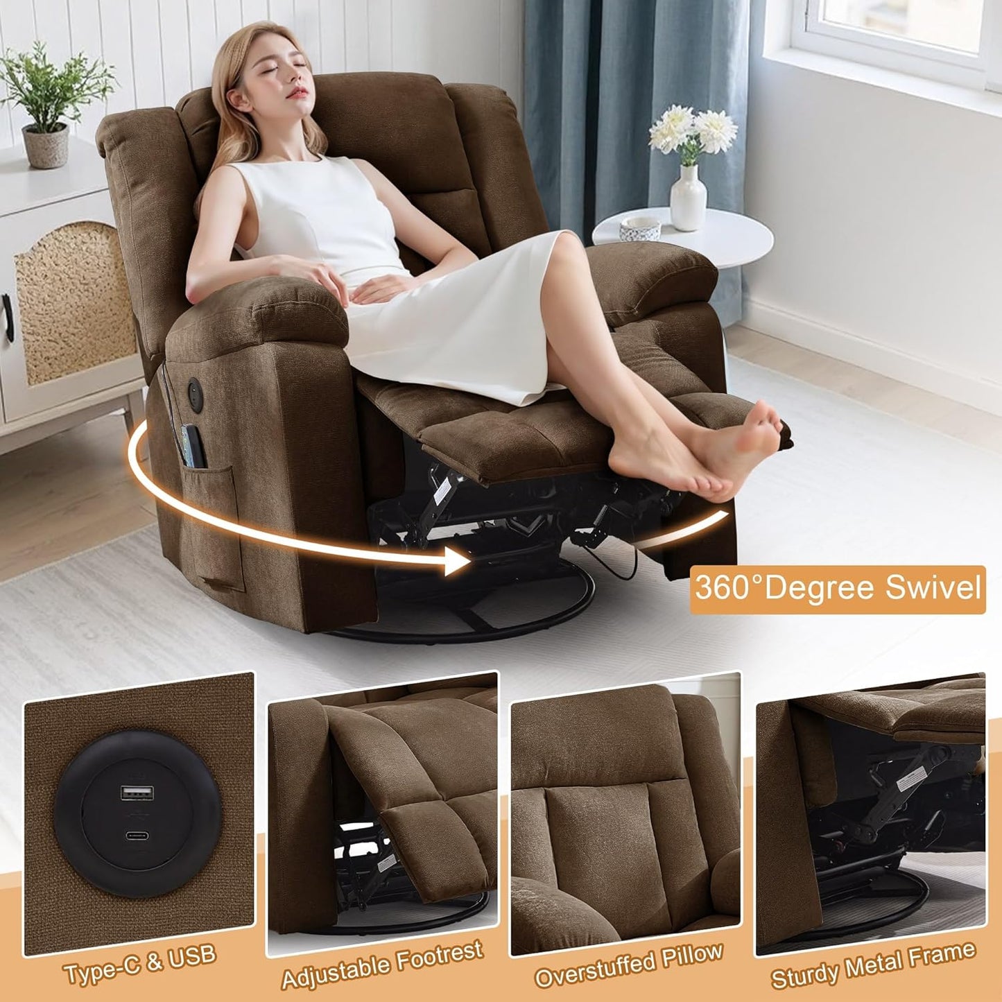 Korser Rocker Recliner, Glider Recliner Chairs for Adults, 360° Swivel Rocking Chair with Massage and Heating, Nursery Chair with Storage and USB Charging for Living Room, Bedroom, Nursery
