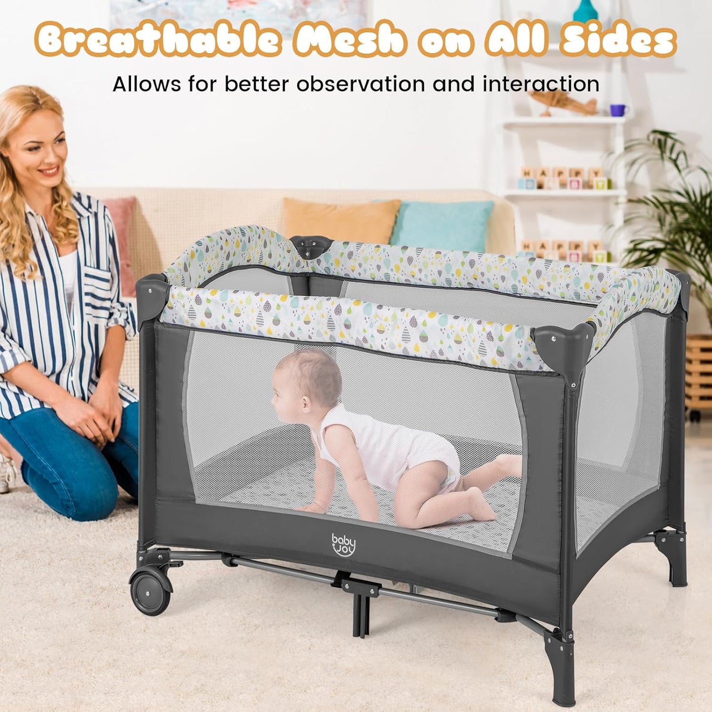 BABY JOY 3 in 1 Pack and Play, Portable Baby Playard with Bassinet, Changing Table, Lockable Wheels, Glowing Music Box, Travel Baby Crib Bassinet Bed from Newborn to Toddler