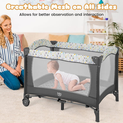 BABY JOY 3 in 1 Pack and Play, Portable Baby Playard with Bassinet, Changing Table, Lockable Wheels, Glowing Music Box, Travel Baby Crib Bassinet Bed from Newborn to Toddler