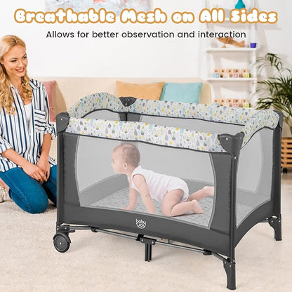 BABY JOY 3 in 1 Pack and Play, Portable Baby Playard with Bassinet, Changing Table, Lockable Wheels, Glowing Music Box, Travel Baby Crib Bassinet Bed from Newborn to Toddler