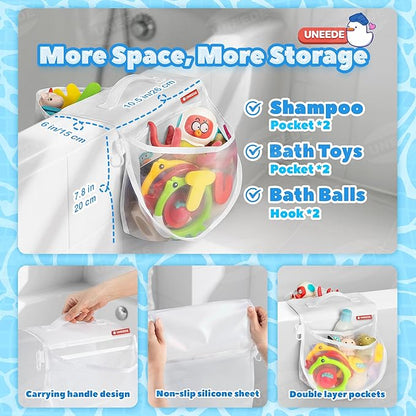 UNEEDE 2-Compartment Mesh Bath Toy Organizer, Easy Access for Children & Parents, Durable 2-Pocket Bath Toys Storage Without Suction Cups,Quick Dry Shower Storage Net to Declutter Bath Time Mess
